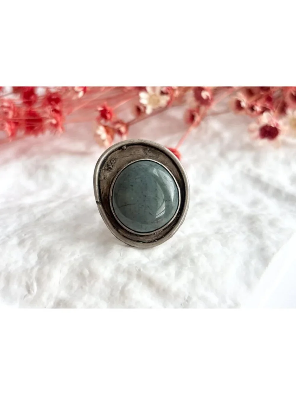 Modernist Freeform Green Agate Gemstone 800 Silver Vintage Ring - sz 9.25